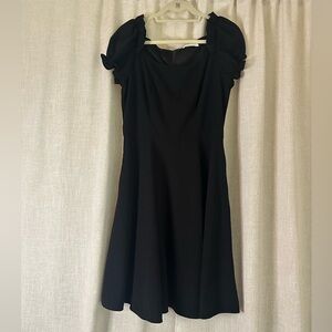 Square neck- cap sleeve- ruffle accent-fully lined black dress w/pockets